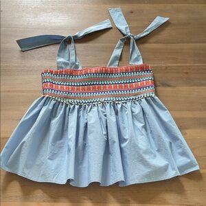 Blue and Orange Ruffled Blouse with Smocking (worn once)